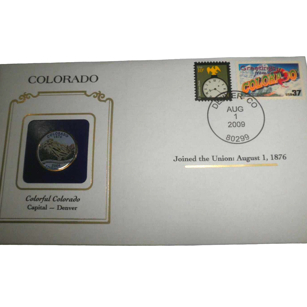COLORADO COLORIZED QUARTER & FIRST DAY COVER BY POSTAL COMMEMORATIVE SOCIETY